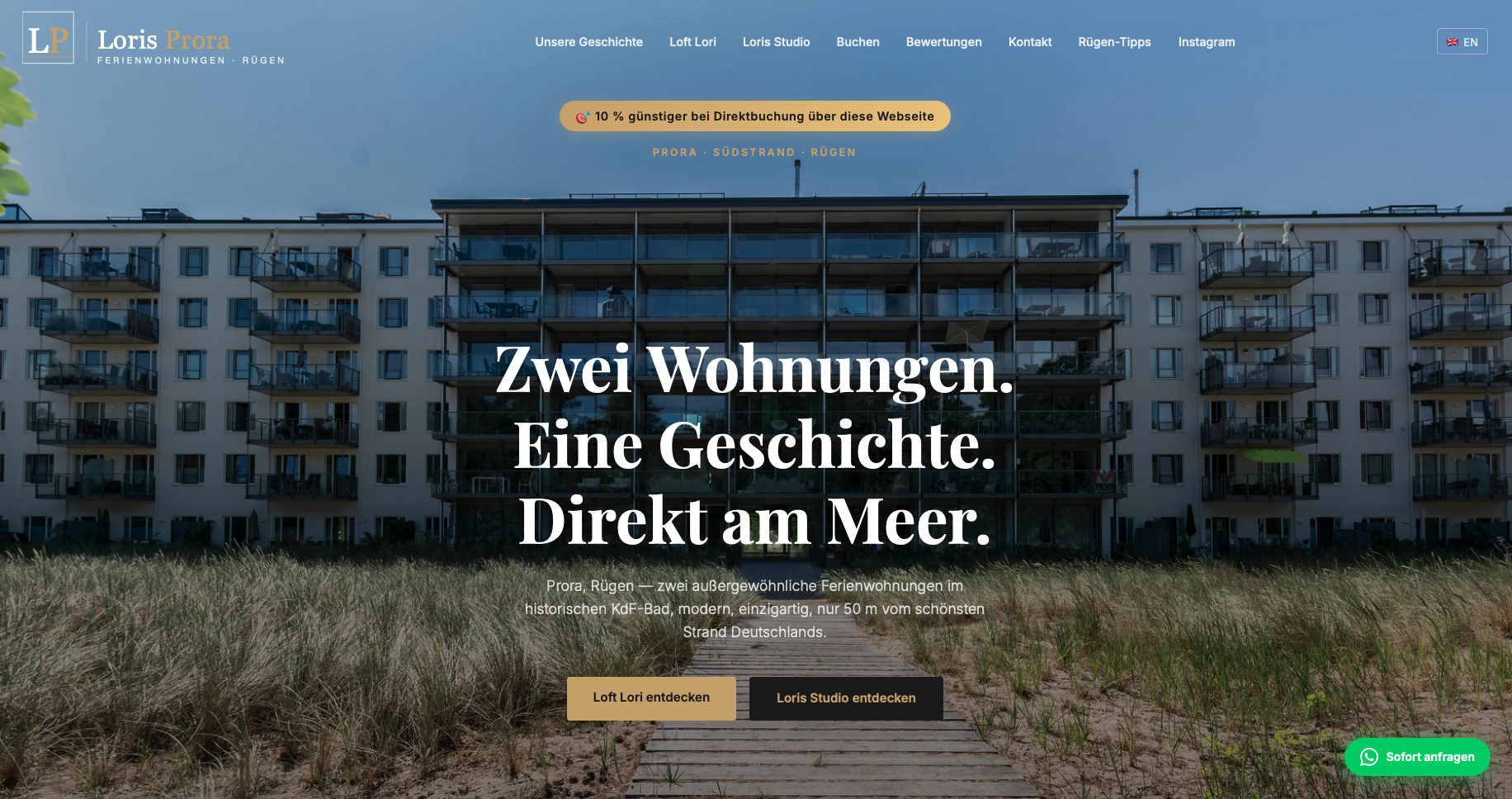 Screenshot der Website loris-prora.de – Ferienwohnungen in Prora auf Rügen